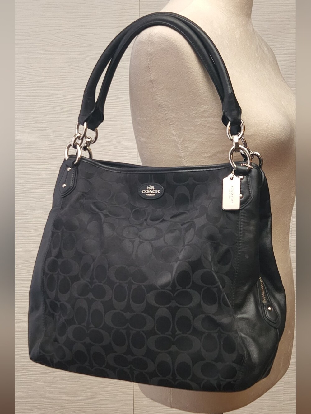 Coach Black Signature Jacquard Hobo Bag Leather Trim Chain Horse Carriage